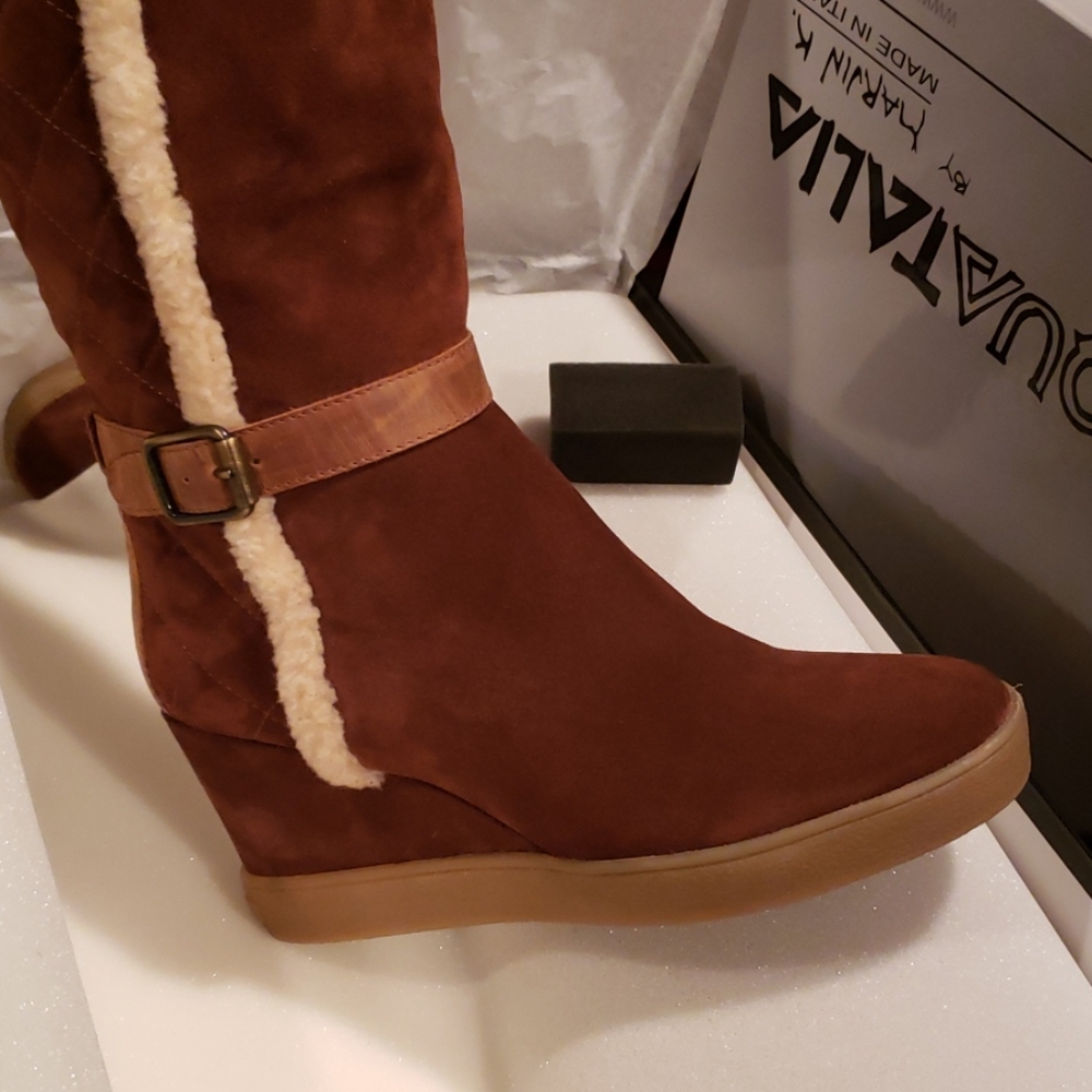 Aquatalia Italy New Tall Weatherproof Wedge Boot NIB Suede Leather Women's πHP - Picture 9 of 16